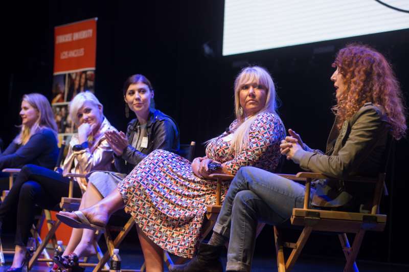 Panelist Darlene Hunt speaks at the 2018 Jack Oakie Comedy event