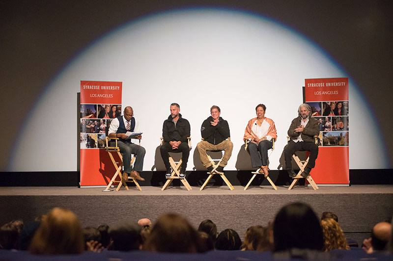 Moderator Chris Cathart introduces actor Jay Harrington, Kenny Johnson, writer Angela Allen and production manager James Scura